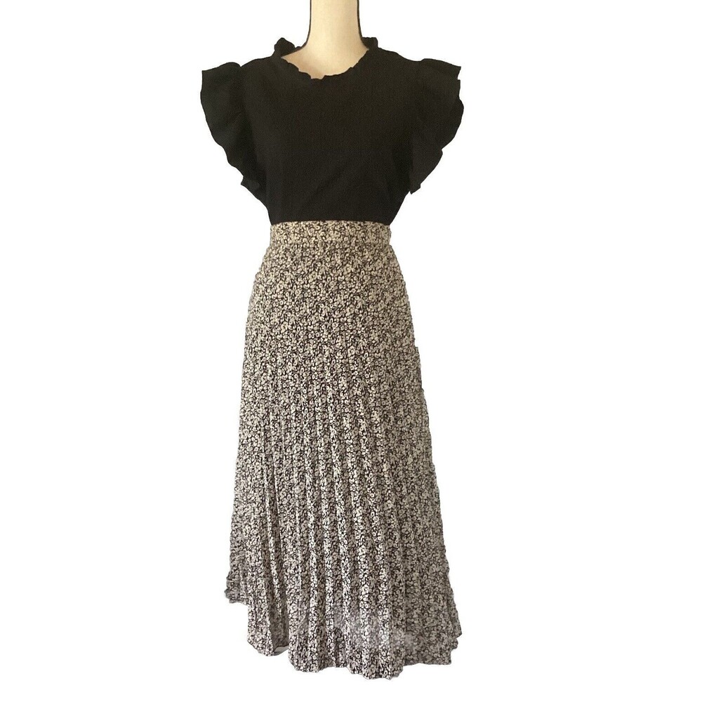Jopna Black & Beige Pleated Maxi Skirt With Elastic Back Size LG